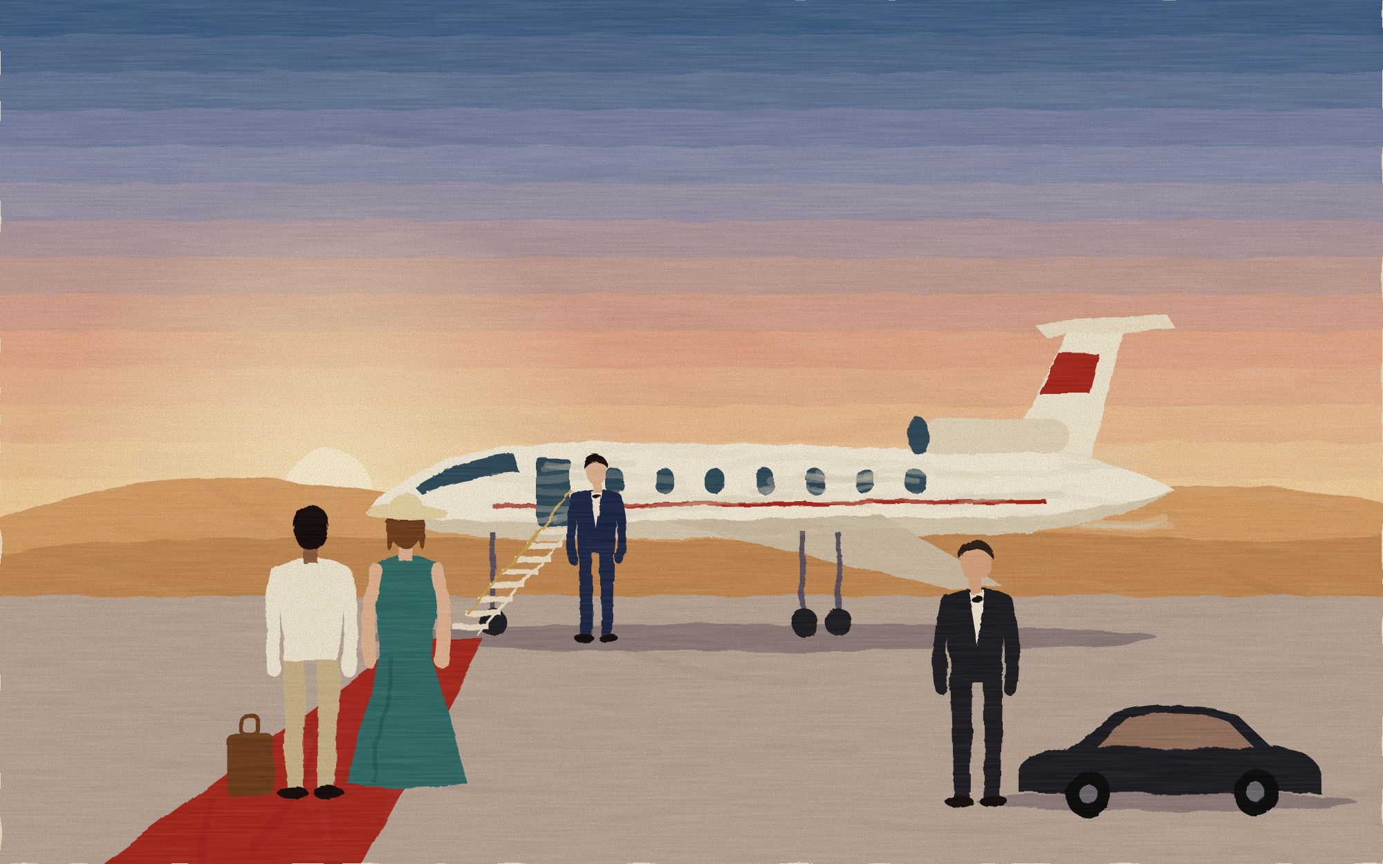 Painted illustration of a couple walking a red carpet to a private jet at dawn