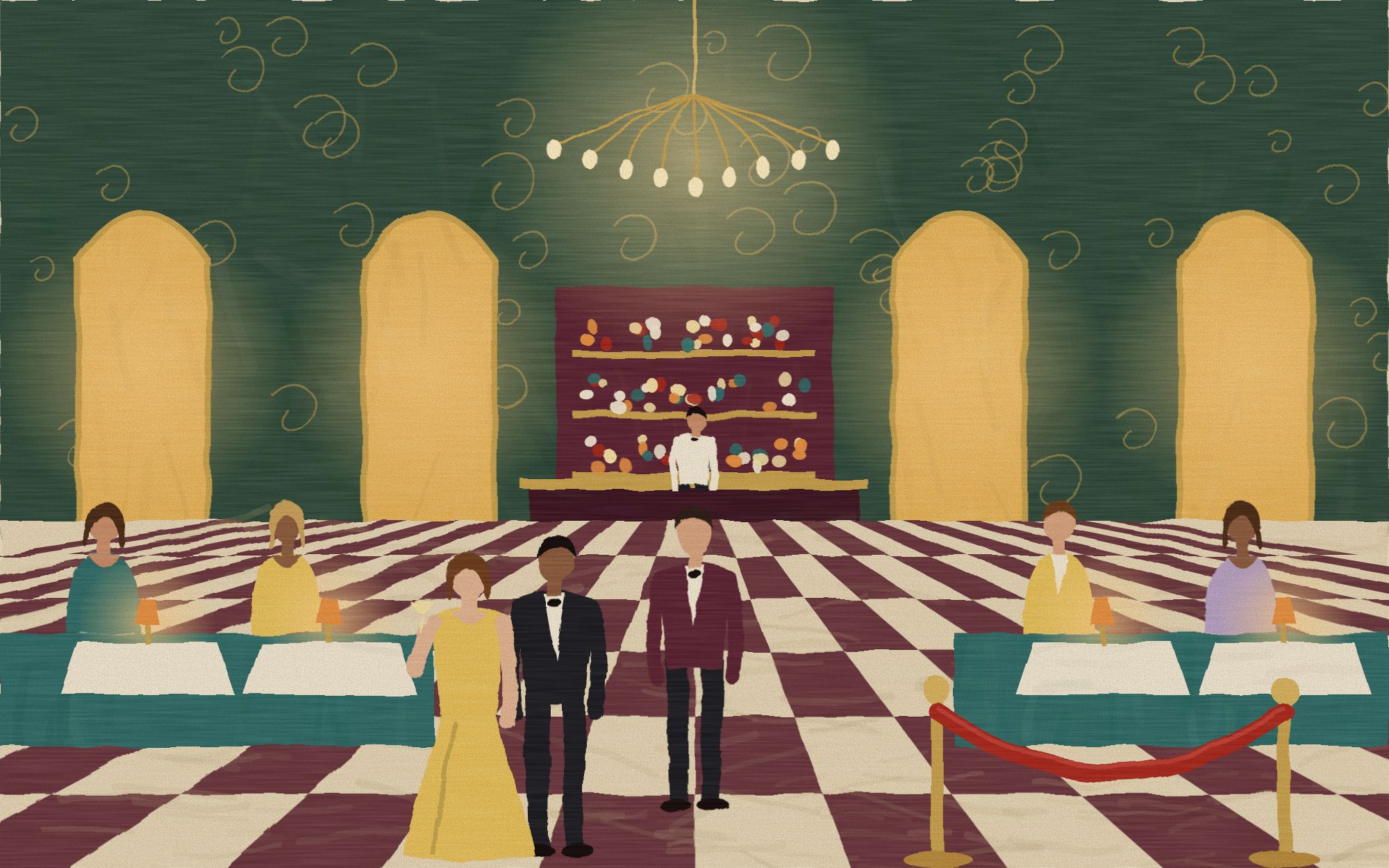 Painted illustration of a host leading a couple through a candlelit supper club